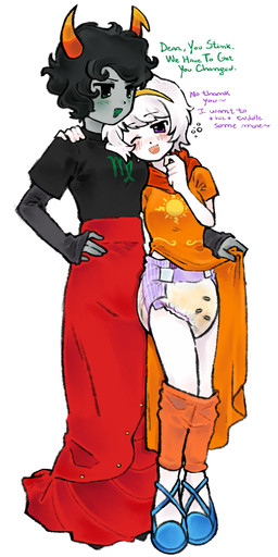 biped bodily_fluids bottomwear bottomwear_down bubble clothed clothing clothing_pull dialogue diaper diaper_change_request diaper_check diaper_under_clothing diaper_under_dress dress dress_pull drunk drunk_bubble duo exposed_diaper fangs female female/female genital_fluids grey_body grey_skin hiccuping horn kiss_mark kiss_mark_on_diaper lavender_(diaper) orange_horn pants pants_around_ankles pants_down partially_clothed soiled_diaper substance_intoxication teeth text unclean_diaper urine used_diaper wearing_diaper wet_diaper white_body white_skin omufujofish abuniverse homestuck lavender_(abuniverse) ms_paint_adventures kanaya_maryam rose_lalonde alien human humanoid mammal troll_(homestuck) digital_drawing_(artwork) digital_media_(artwork) english_text hi_res