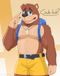 anthro black_nose blue_eyes blush brown_body brown_fur bulge clothing countershade_face countershade_torso countershading fur jockstrap male pecs solo standing tan_body tan_countershading underwear touffe banjo-kazooie rareware banjo_(banjo-kazooie) bear mammal absurd_res hi_res