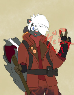 anthro axe blue_eyes clothing gloves handwear jacket looking_at_viewer male one_eye_obstructed solo topwear weapon supereft_(artist) team_fortress_2 valve valve_corporation pyro_(team_fortress_2) mammal mephitid skunk digital_media_(artwork) half-length_portrait portrait