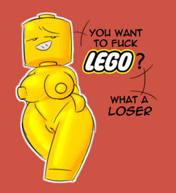 big_breasts breasts degradation female genitals grin grinning_at_viewer hand_on_hip looking_at_viewer nipples not_furry nude nude_female outline profanity red_background simple_background smile smiling_at_viewer solo speech_bubble talking_to_viewer text vulva white_outline yellow_body yellow_nipples hhbrother lego animate_inanimate humanoid lego_minifigure living_toy 2026 digital_drawing_(artwork) digital_media_(artwork) english_description english_text hi_res
