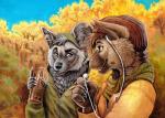 2019 5_fingers african_wild_dog anthro blue_eyes brown_hair canid canine canis clothed clothing day detailed_background domestic_dog duo fingers german_shepherd grey_eyes hair herding_dog kashmere male mammal open_mouth outside pastoral_dog smile teeth tongue traditional_media_(artwork)