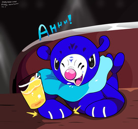 ambiguous_gender beverage black_eyes blue_body bodily_fluids container cup dripping exclamation_point fangs feral glass glass_container glass_cup hitting_table juice_(beverage) markings open_mouth saliva saliva_drip solo tail teeth tongue whisker_markings sleepy_sealion nintendo pokemon generation_7_pokemon pokemon_(species) popplio 2025 absurd_res dated hi_res signature