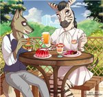 anthro belt bench beverage black_stripes brown_body brown_fur burger cake city city_background cityscape clothed clothing container cup cutlery date dessert detailed_background dress dress_shirt drinking_glass drinking_straw duo eating female fence food fork fur furniture glass glass_container glass_cup hair holding_beverage holding_burger holding_food holding_fork holding_object kitchen_utensils looking_aside looking_at_another male male/female open_mouth parfait_(dessert) plant romantic romantic_couple school_uniform shirt sitting smile stripes table teeth tools topwear tree uniform vest white_body white_fur tommysamash beastars durham_(beastars) ellen_(beastars) canid canine canis coyote equid equine mammal zebra 2020 digital_media_(artwork) hi_res