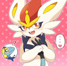 3_fingers 5_fingers ambiguous/ambiguous ambiguous_gender ambiguous_pov anthro blue_body blush duo fangs fingers first_person_view fur heart_background heart_symbol interrobang looking_at_viewer multicolored_body multicolored_fur open_mouth simple_background teeth white_body white_fur subaru331 nintendo pokemon cinderace generation_8_pokemon inteleon lagomorph lizard mammal pokemon_(species) reptile scalie hi_res