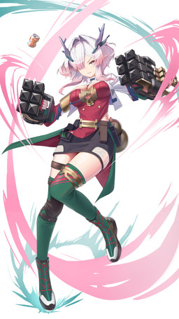 arms_bent belt bent_leg big_breasts black_bottomwear black_clothing black_skirt boots bottomwear breasts can cleavage clenched_teeth clothed clothing container female female_humanoid fingerless_gloves footwear gauntlets_(weapon) gloves green_boots green_clothing green_footwear green_legwear green_pantyhose hair handwear horn jacket jug knee_pads legwear markings mole_(marking) mole_on_breast mole_on_cheek multicolored_hair narrowed_eyes open_clothing open_jacket open_topwear pantyhose pointy_ears prick_ears red_clothing red_shirt red_topwear shirt shoes simple_background skirt teeth thigh_strap topwear two_tone_hair undercut_hair white_background white_clothing white_jacket white_topwear jwsik96 arknights_endfield mi_fu_(arknights) horned_humanoid humanoid absurd_res full-length_portrait hi_res portrait