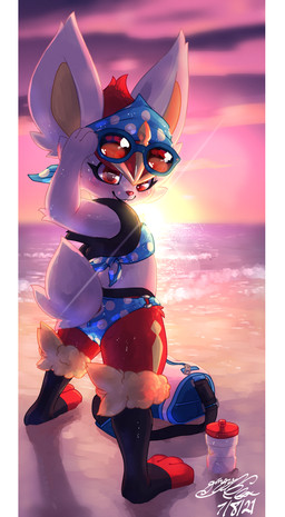 anthro beach bikini butt clothing detailed_background eyewear female looking_at_viewer looking_back outside rear_view seaside solo sunglasses sunset swimwear two-piece_swimsuit water gingy_k_fox nintendo pokemon cinderace generation_8_pokemon pokemon_(species) 2021 shaded signature