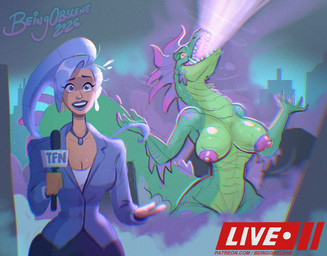 anthro atomic_breath big_breasts big_tail blue_hair blue_lipstick breasts clothing curvy_figure duo electronics fangs female green_body green_scales hair holding_microphone holding_object huge_breasts huge_tail jewelry lipstick makeup microphone necklace news news_report news_reporter ponytail reporter scales sharp_teeth small_waist suit tail teeth thick_tail wide_hips beingobscene human kaiju mammal reptile scalie chromatic_aberration hi_res