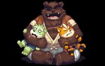 anthro bottomwear brown_body brown_fur clothing eye_patch eyes_closed eyewear fur green_body green_fur group humanoid_hands kemono male orange_body orange_fur overweight overweight_male shorts simple_background transparent_background nanadragon4 the_spicy_ninja_scrolls gouki_(the_spicy_ninja_scrolls) shichimi_(the_spicy_ninja_scrolls) wasabi_(the_spicy_ninja_scrolls) bear canid canine canis domestic_dog mammal 2016 alpha_channel