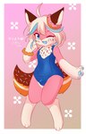 anthro big_tail blue_eyes bulge clothing dessert doughnut femboy food fur hair kemono male one_eye_closed open_mouth pastry pawpads paws pink_body pink_fur school_swimsuit solo swimwear tail white_hair wink kryztar donut_(misterdonut) canid canine canis food_creature mammal sprinkledog absurd_res hi_res