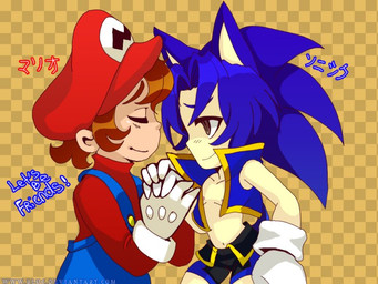 alternate_species blue_body blue_fur blue_hair bottomwear brown_hair checkered checkered_background clothing duo flat_cap fur gloves hair handwear hat headgear headwear human_on_humanoid humanoidized interspecies looking_at_another male nipples overalls pattern_background romantic romantic_couple shirt short_hair shorts side_mouth side_view simple_background tan_body tan_skin text text_on_clothing text_on_hat text_on_headwear topwear vest bluc mario_bros nintendo sega sonic_the_hedgehog_(series) mario sonic_the_hedgehog animal_humanoid eulipotyphlan eulipotyphlan_humanoid hedgehog_humanoid human humanoid mammal mammal_humanoid crossover japanese_text