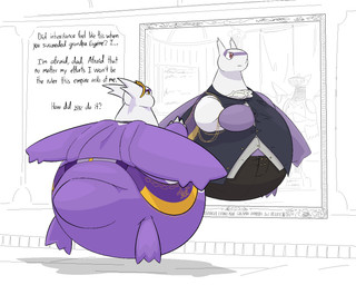 anthro belly female inside obese obese_anthro obese_female overweight overweight_anthro overweight_female painting_(object) purple_body rear_view solo text yellow_eyes thatoneaceguy nintendo pokemon kiki_(thatoneaceguy) generation_3_pokemon latias latios legendary_pokemon pokemon_(species) 2025 5:4 english_text hi_res