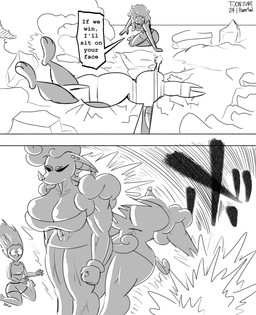 after_transformation anthro big_breasts big_butt breasts brown_body brown_fur butt cartoon_eyes cartoon_gloves cartoon_physics clothing comic_panel curvy_figure dialogue ear_piercing facesitting fangs female fur hair hourglass_figure hyper lips muscular muscular_anthro muscular_female orange_clothing piercing red_hair sitting_on_another teeth thick_lips toony toony_expression toony_eyes topwear transformation tube_top infinityartistix if_we_win toon_june fizzi_the_fruit_bat bat mammal megabat absurd_res comic hi_res meme monochrome