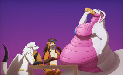 anthro apode belly big_belly big_breasts bikini blue_eyes breasts brown_hair claws clothing eating fat_arms feathered_wings feathers female food fur furniture hair horn huge_belly legless long_tail obese obese_female open_mouth overweight overweight_female pink_body pink_scales sandwich_(food) scales scared serpentine simple_background sitting size_difference slim smile swimwear table tail two-piece_swimsuit weight_gain white_body white_eyes white_feathers white_fur white_hair wings white-dragon mythology ayla_(whitedragoncito) melia_(whitedragoncito) victoire canid canine draconcopode dragon fox mammal mythological_creature mythological_scalie naga scalie 2025 absurd_res cel_shading hi_res shaded signature