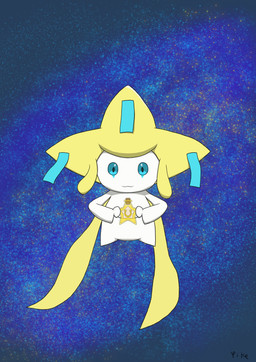 ambiguous_gender blue_eyes looking_at_viewer potion sky smile smiling_at_viewer solo star starry_sky white_body yellow_body yikeone nintendo pokemon generation_3_pokemon humanoid jirachi legendary_pokemon pokemon_(species) absurd_res hi_res