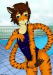 anthro brown_hair clothed clothing femboy green_eyes hair male one-piece_swimsuit outside short_hair sky solo stripes swimming swimming_pool swimwear tail eliana-asato saba felid mammal pantherine tiger 2012 hi_res