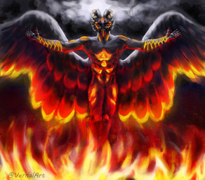 fire macro male solo vernalart cawrog avian bird corvid corvus_(genus) crow demon oscine passerine raven absurd_res hi_res