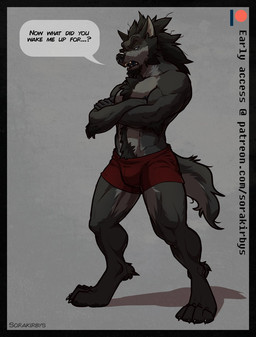 4_toes 5_fingers anthro beard black_beard black_body black_facial_hair black_fur black_hair clothing facial_hair feet fingers fur fur_markings grey_background grey_body grey_fur hair male markings muscular open_mouth paws red_clothing red_underwear simple_background solo speech_bubble text toes underwear sorakirbys patreon canid canine canis mammal wolf 2018 english_text hi_res