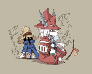 4_fingers accessory ambiguous_anthro ambiguous_gender annoyed anthro arms_bent black_body blue_clothing blue_coat blue_topwear brown_background claws clothed clothed_ambiguous clothed_anthro clothed_humanoid clothing coat container cravat cup drinking_glass duo empty_eyes finger_claws fingers fully_clothed fully_clothed_ambiguous fully_clothed_anthro fully_clothed_humanoid furgonomics glass glass_container glass_cup green_eyes hair hat headgear headwear holding_container holding_cup holding_drinking_glass holding_glass holding_object holding_wine_glass iris red_clothing red_coat red_topwear simple_background simple_eyes snout tail tail_accessory text topwear white_hair white_sclera wine_glass wizard_hat yellow_eyes uni-6 final_fantasy final_fantasy_ix square_enix freya_crescent vivi_ornitier black_mage_(final_fantasy) burmecian humanoid mammal rodent 2025 digital_drawing_(artwork) digital_media_(artwork) handwritten_text hi_res japanese_text shaded translation_request female_(lore) male_(lore)