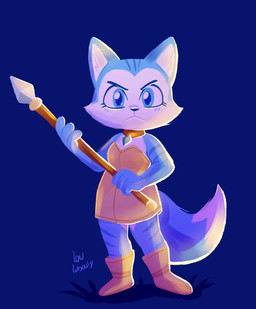 anthro black_nose blue_background blue_body blue_eyes blue_fur clothing collar dipstick_tail dress eyelashes female female_anthro footwear fur gem holding_melee_weapon holding_object holding_polearm holding_spear holding_weapon looking_at_viewer markings melee_weapon polearm simple_background solo spear standing tail tail_markings weapon white_body white_fur white_tail_tip yellow_clothing yellow_dress yellow_footwear lou_lubally dinosaur_planet nintendo rareware star_fox krystal_(dinosaur_planet) krystal_(star_fox) domestic_cat felid feline felis mammal full-length_portrait hi_res portrait
