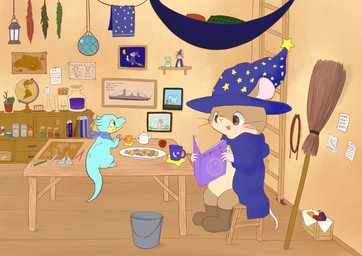 ambiguous_gender anthro apple blue_body blue_clothing blush book boots broom brown_body brown_clothing brown_footwear brown_fur bucket cape chair cleaning_tool clothed clothing container cookie cup detailed_background duo feral food footwear fruit fur furniture hat headgear headwear inside ladder lamp magic magic_user pencil_(object) plant shoes sitting table tail teapot text whiskers witch wizard_hat fusau mythology dragon mammal mouse murid murine mythological_creature mythological_scalie rodent scalie 2022 detailed hi_res