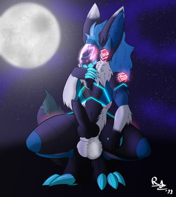 3_toes 5_fingers animal_genitalia animal_penis anthro balls black_body black_fur black_penis blue_body blue_claws blue_fur blue_hair blue_inner_ear_fluff blue_tongue canine_genitalia canine_penis claws covering covering_mouth covering_own_mouth covering_self crouching cybernetics detailed_background dipstick_ears ear_markings erection facial_scar feet fingers full_moon fur genitals glistening glistening_genitalia glistening_penis glowing glowing_eyes glowing_scar hair inner_ear_fluff knot machine male markings moon multicolored_body multicolored_ears multicolored_fur navel nude open_mouth outside penis scar screen screen_face sharp_teeth solo teeth text thick_thighs toes tongue tuft vein veiny_penis white_balls white_body white_fur ryshokka_syre ryshokka_syre_(character) protogen 2022 absurd_res digital_media_(artwork) english_text hi_res signature