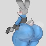 anthro big_butt blush bodily_fluids butt clothed clothing eyes_closed female fur grey_background grey_body grey_fur gun handgun holding_gun holding_object holding_ranged_weapon holding_weapon huge_butt musk panty_lines pink_nose police police_uniform ranged_weapon simple_background solo sweat thick_thighs uniform weapon wide_hips reddrago disney zootopia judy_hopps lagomorph leporid mammal rabbit 1:1 2021 absurd_res hi_res