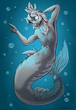 anthro beak blue_eyes bracelet bubble claws feathers fin floating gills jewelry male mermaid_tail solo split_form swimming underwater water stirren mermay aquatic avian bird hybrid merfolk hi_res
