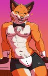 abs anthro bedroom_eyes black_clothing bow_tie brown_body brown_fur butler clothed clothing cuffs_(clothing) fur leaning_on_table lying male muscular muscular_male narrowed_eyes navel on_front open_mouth orange_body orange_fur orange_sclera seductive simple_background smile solo star topless topless_male underwear white_body white_fur yellow_body yellow_eyes yellow_fur mitsufoppie epic_games fortnite meme_clothing fennix_(fortnite) canid canine fox mammal red_fox true_fox 5:8 absurd_res hi_res meme portrait signature three-quarter_portrait