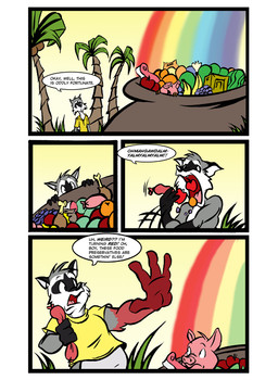 anthro apple banana beef black_body black_fur blueberry_(fruit) cauldron chicken_leg clothing coconut_tree color_change dialogue duo eating fangs feral food fruit fruit_tree fur grape grey_body grey_fur male malnourished meat melon multicolored_body multicolored_fur orange_(fruit) palm_tree pink_tongue plant rainbow red_body red_fur red_insides removed_bottomwear removed_clothing sausage sharp_teeth shirt speech_bubble steak stuffing teeth text tongue topwear tree white_body white_fur white_inner_ear yellow_clothing yellow_shirt yellow_topwear dutch_(artist) domestic_pig mammal procyonid raccoon suid suine sus_(pig) 2011 colored comic english_text