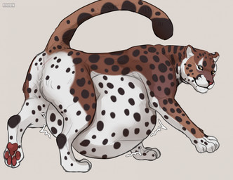 ambiguous_feral ambiguous_gender belly big_belly brown_body brown_fur digitigrade feral fur glistening glistening_eyes mouth_closed quadruped red_nose side_view simple_background solo spots spotted_back spotted_belly spotted_legs tail vore white_background white_body white_fur yellow_eyes roobin roobin_(character) felid mammal hi_res