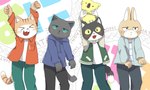 anthro bottomwear clothing dancing eyes_closed group happy hoodie jacket male open_mouth pants raised_arms serious tail topwear yellow_sclera kemoizumi working_buddies! kuehiko_roshihara rufuta_hachitani tapio_chatarozawa uwaharu_nezazono domestic_cat felid feline felis koala lagomorph leporid mammal marsupial rabbit vombatiform 2024 5:3 japanese_description