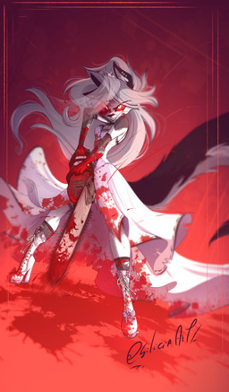 anthro blood bodily_fluids boots chainsaw clothed clothing dress excessive_blood female footwear high_heeled_boots high_heels holidays power_tool red_sclera shoes solo tools white_body siliciaart halloween hellaverse helluva_boss mythology loona_(helluva_boss) canid canid_demon canine demon hellhound mammal monster mythological_canine mythological_creature 2020 absurd_res hi_res