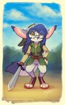 anthro black_sclera blue_hair blue_sky bottomwear closed_smile clothed clothing cloud cosplay ear_tuft eyewear female front_view glasses glistening glistening_eyes green_clothing green_hat green_headwear green_topwear hair hat headgear headwear holding_melee_weapon holding_object holding_sword holding_weapon melee_weapon mouth_closed pants round_glasses sky smile solo sword text topwear tuft weapon white_body white_bottomwear white_clothing white_pants yellow_clothing yellow_eyes yellow_topwear mylafox nintendo the_legend_of_zelda link mylafox_(character) canid canine caracal caracal_(genus) felid feline fennec_fox fox hybrid mammal true_fox 2020 5:8 artist_name dated full-length_portrait hi_res portrait signature url