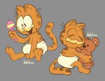 anthro clean_diaper clothed clothing diaper eyes_closed fur grey_background happy holding_object holding_plushie hug hugging_object male orange_body orange_fur plushie rattle simple_background smile solo toddler wearing_diaper young young_anthro young_male kathomu garfield_(series) garfield_the_cat domestic_cat felid feline felis mammal 2022