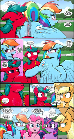 after_anal after_oral after_rimming anatomically_correct animal_genitalia animal_vulva anus blush bodily_fluids casual_sex clitoral_winking clitoris clothing cum cum_on_leg dialogue dock_(anatomy) equine_anus equine_genitalia equine_vulva female feral freckles gaping genital_fluids genitals group gynomorph hat headgear headwear heterochromia horn intersex intersex/female looking_back open_mouth profanity public public_sex puffy_anus saliva saliva_on_anus saliva_on_face saliva_string sex smile speech_bubble spread_wings sweat tail text tongue tongue_out vulva wings selenophile friendship_is_magic hasbro my_little_pony mythology applejack_(mlp) crimson_malibu pinkie_pie_(mlp) rainbow_dash_(mlp) twilight_sparkle_(mlp) earth_pony equid equine horse mammal mythological_creature mythological_equine pegasus pony unicorn absurd_res comic english_text hi_res