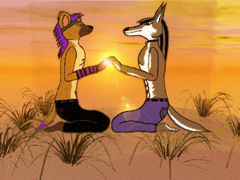 3d_background anthro barefoot bottomwear brown_body brown_fur clothed clothing day duo facial_markings feet fur hair head_markings lens_flare love male male/male markings muzzle_(marking) orange_body orange_fur outside pants purple_hair side_view sky snout snout_markings sun tail toony topless white_body white_fur drachen20 canid canine canis hyena mammal spotted_hyena wolf grandfathered_content low_res