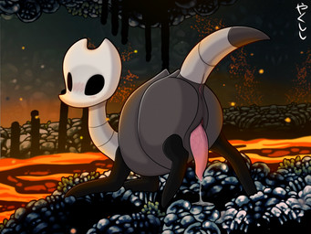 animal_genitalia anus ass_up blush bodily_fluids cave dripping empty_eyes feral genital_fluids genital_slit genitals lava long_neck looking_back male no_pupils penis precum precum_drip segmented_body solo tapering_penis conditional_dnp yakukitsu hollow_knight:_silksong hollow_knight_(franchise) team_cherry arthropod hardbone_hopper insect 4:3 hi_res signature
