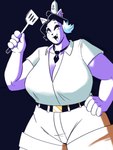 anthro breasts catty catty_(undertale) cleavage clothed clothing collared_shirt cosplay dracozhilla ear_piercing ear_ring employee employee_uniform fast_food_employee fast_food_uniform felid feline female frycook hi_res khaki_shorts mammal necktie nickelodeon piercing ring_piercing slightly_chubby solo spatula spongebob_squarepants tools undertale_(series)