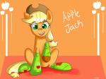 apple blonde_hair clothing cowboy_hat female feral food footwear freckles fruit green_eyes hair hat headgear headwear legwear orange_background patch_(fabric) plant simple_background sitting smile socks solo pon3splash friendship_is_magic hasbro my_little_pony applejack_(mlp) earth_pony equid equine horse mammal pony 2013 4:3 hi_res