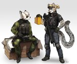 anthro assault_rifle black_tail_tip blonde_hair blue_eyes boots bulletproof_vest clothed clothing crate dipstick_ears dipstick_tail duo ear_markings eye_patch eyebrows eyelashes eyewear footwear fully_clothed gloves grey_tail_tip gun hair hand_on_hip handwear hk417 inner_ear_fluff k2_rifle knee_pads male markings mouth_hold multicolored_ears ranged_weapon rifle scope sharp_teeth shell_casing shoes sitting tail tail_markings teeth tuft visor weapon pgm300 kjartan_avari_(philian199) canid canine felid mammal pantherine snow_leopard 2022 absurd_res digital_media_(artwork) hi_res shaded