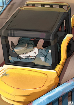 anthro clothed clothing foreskin forklift genitals hat headgear headwear horn looking_at_viewer looking_back male penis penis_poking_out sitting solo unprofessional_behavior white_body sodacaps forklift_certified mythology dragon mythological_creature mythological_scalie scalie colored digital_media_(artwork) hi_res shaded