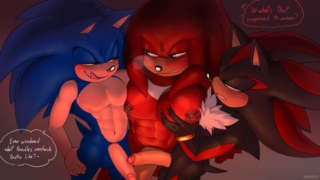 anthro anthro_on_anthro balls dialogue foreskin genitals group male male/male nude open_mouth open_smile penis simple_background smile text trio krazyelf sega sonic_the_hedgehog_(series) knuckles_the_echidna shadow_the_hedgehog sonic_the_hedgehog echidna eulipotyphlan hedgehog mammal monotreme 2026 english_text hi_res