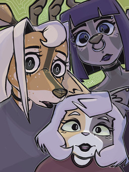 anthro blonde_hair blush blush_lines ear_piercing eyelashes facial_piercing female freckled_face freckles green_eyes hair horn inner_ear_fluff long_hair looking_at_viewer mole_under_eye mole_under_mouth nose_piercing nose_ring piercing pink_hair purple_hair ring_piercing septum_piercing septum_ring short_hair simple_background smile tuft bbravaa kimmy_(bbravaa) phoebe_(bbravaa) polly_(bbravaa) deer felid mammal 3:4 colored hi_res