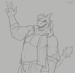 4_fingers anthro bottomwear bulge claws clothed clothing eyewear finger_claws fingers glasses grin looking_at_viewer male male_anthro muscular muscular_anthro muscular_male open_clothing open_topwear overweight overweight_anthro overweight_male pants rectangular_glasses simple_background smile solo standing tail tail_tuft text topwear tuft aduran mythology dragon mythological_creature mythological_scalie scalie 2022 artist_name dated hi_res monochrome portrait sketch three-quarter_portrait