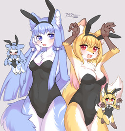 anthro blonde_hair blue_body blue_eyes blue_fur blue_hair blush breasts bunny_costume chibi cleavage clothed clothing costume duo fake_ears fake_rabbit_ears female female_anthro fur hair kemono leotard looking_at_viewer multicolored_body multicolored_fur open_mouth red_eyes simple_background tail white_body white_fur yellow_body yellow_fur kayama_akimaru canid canine canis fox mammal wolf 2023 absurd_res digital_media_(artwork) hi_res multiple_images
