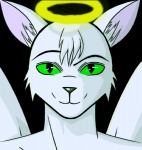 anthro front_view fur green_eyes hair halo inner_ear_fluff looking_at_viewer male simple_background smile solo transparent_background tuft white_body white_fur white_hair gtoyaannno milkon angel domestic_cat felid feline felis mammal alpha_channel headshot_portrait portrait