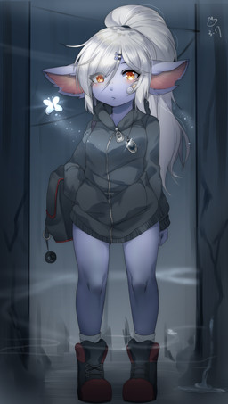 accessory amber_eyes backpack band-aid bandage black_clothing black_hoodie black_topwear blue_body clothing female footwear hair hair_accessory hairclip hoodie jewelry looking_at_viewer pendant shoes solo standing topwear white_hair young young_female young_humanoid user_cpsf8285 league_of_legends riot_games tencent tristana_(lol) humanoid yordle 2021 absurd_res hi_res adult_(lore)