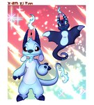 2023 3_fingers alien ambiguous_gender anthro biped blue_body blue_fire blue_fur blue_horn blue_pawpads character_name chest_tuft claws colored_fire digital_drawing_(artwork) digital_media_(artwork) disney el_finn_(ryuko_rose) experiment_(lilo_and_stitch) fan_character finger_claws fingers fire flaming_beard flaming_tail fur head_tuft hi_res horn lilo_and_stitch male multiple_forms open_mouth open_smile pawpads pupils ryuko_rose smile standing tail text tuft white_pupils