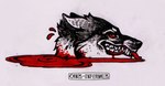black_body black_fur black_nose blood bodily_fluids decapitation fangs feral fur red_eyes smile solo teeth white_body white_fur canis_infernalis canid canine canis mammal wolf