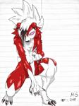 anthro anthrofied bangs claws crouching feet female fur glowing glowing_eyes hair intense long_hair looking_at_viewer nails pose red_body red_fur simple_background solo stare white_body white_fur wide_hips harpseal nintendo pokemon akamara canid generation_7_pokemon lycanroc mammal midnight_lycanroc pokemon_(species) 2018 hi_res